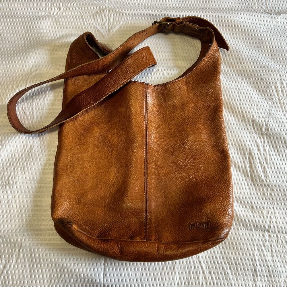 Duluth Trading Co. leather crossbody bag in cognac brown